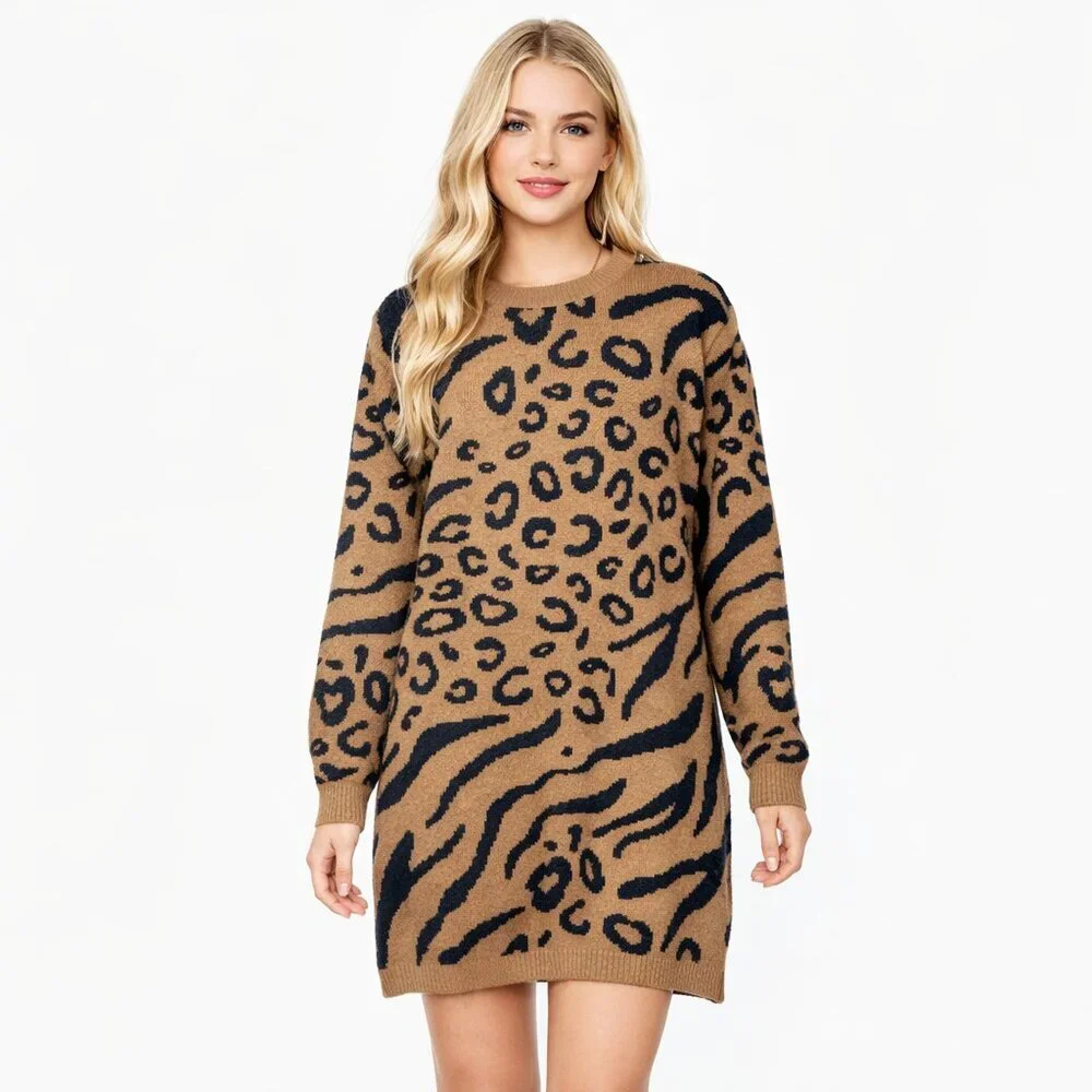 2/$30 Line & Dot RILKE Leopard Animal Print Sweater Tunic Dress XSP#A1758